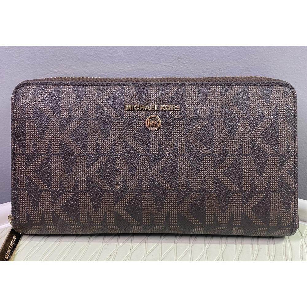 Michael Kors Womens Signature Logo print Canvas Large Wallet- Clutch Brown 4"x7"
